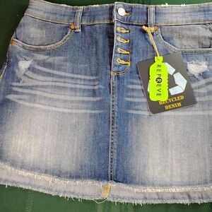 NWT Repreve Distressed Mid Rise Denim Mini Skirt 11/29 Medium Wash Indigo Rein U